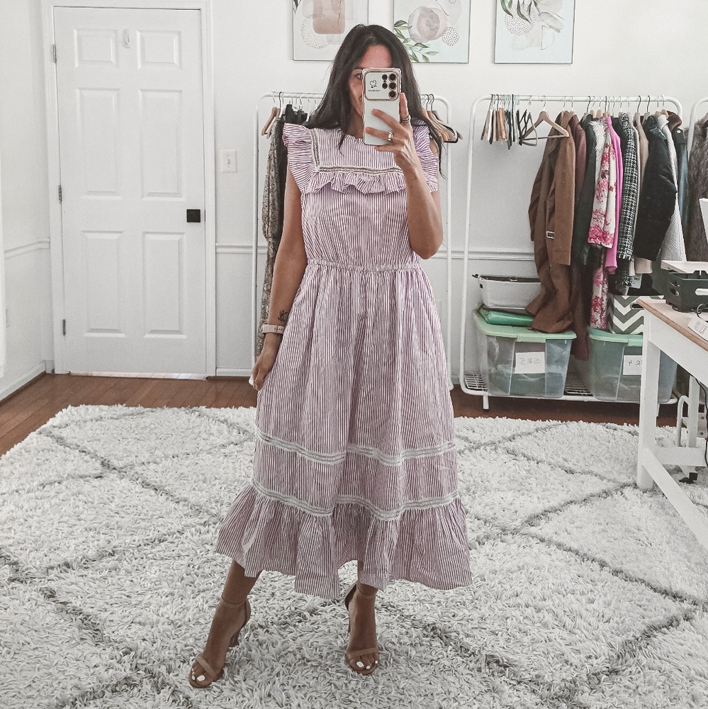 J.Crew Lavender Stripe Ruffle Tiered Midi Dress Size S - Picture 4 of 12